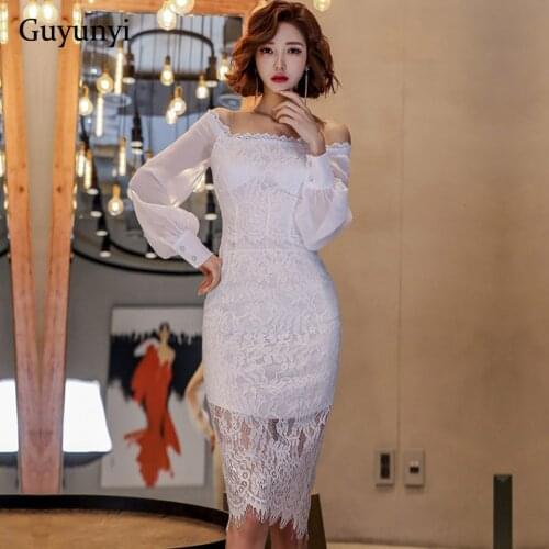 Elegant Party Dress 2021 Summer Sexy Slash Neck Off The Shoulder High Waist Chiffon Long Sleeve White Lace Womens Dresses