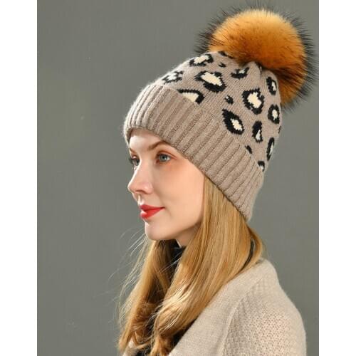 MAOMAOFUR Winter Hat Soft Wool Cashmere Knitted Beanie Bonnet Wholesale Leopard Women Beanies Real Raccoon Fur Pom Pom Hat