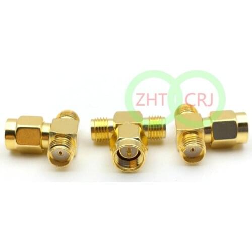 Gold SMA male plug to 2 double SMA female triple T adapter connector