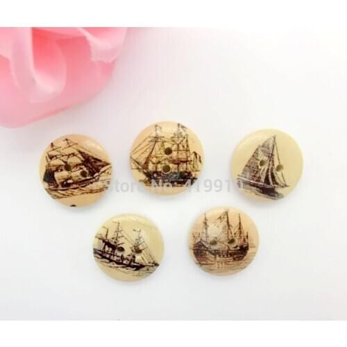 Free shipping -100PCs Random Mixed Round Vintage Sailing Pattern 2 Holes Wood Painting Sewing Buttons Scrapbooking 20mm J1492