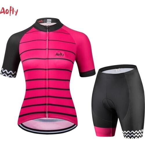 2021Womens Professional Short Sleeve Jersey Sets Aofly Pink MTB Cycling Clothing Black Ropa Ciclismo Go Pro Team Uniform Summer