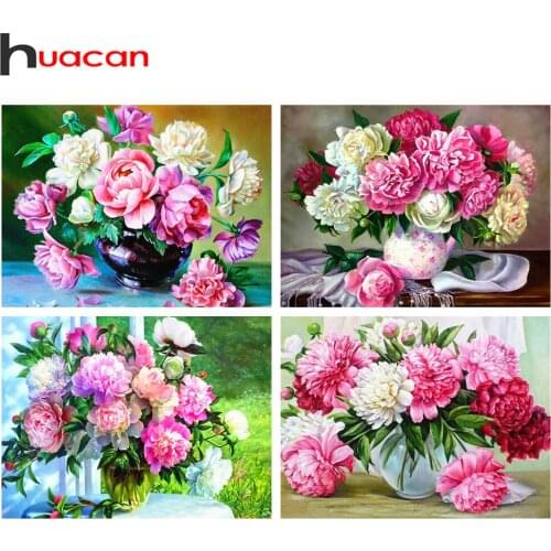 Huacan Diamond Embroidery Mosaic Peony 5D Diamond Painting Full Square Vase Flowers Beaded Pictures Decoration Home