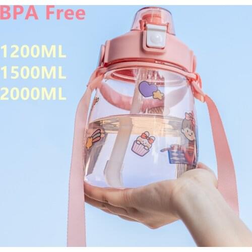 Large Capacity Water Bottle Plastic Kawaii Cup Cute Portable Summer Tumbler With Straw Strap 1100ML 1600ML botella de agua