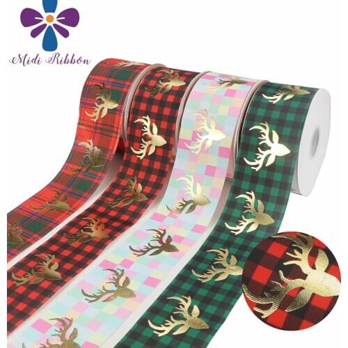 3 "75mm Golden Antler Printing Plaid Series Holographic Grosgrain Ribbon DIY Decorative Accessories Material 50 Yards / Roll