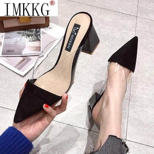 Flock women basic Pumps Summer Women Fashion Pointed High Heels Muller Square Heel Slippers Women Slip-On Shallow Ladies Shoes