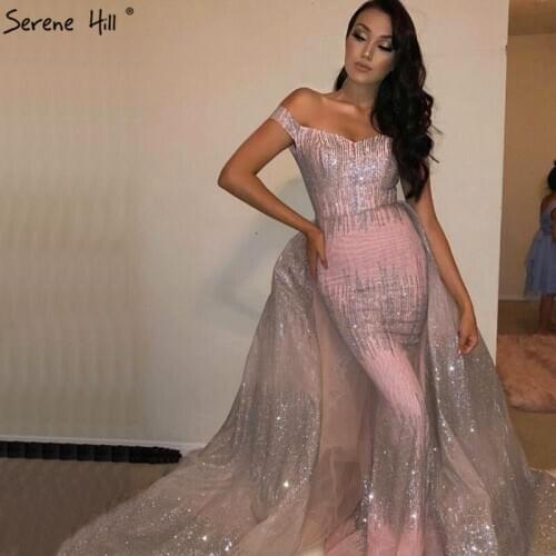 Sliver Pink Luxury Glitter Boat Neck Evening Dresses 2020 Sleeveless A-Line Fashion Sexy Formal Evening Gowns LA6639