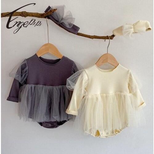 Engepapa Korean Style Newborn Baby Girls Lace Stitching Dress Jumpsuit Cotton Long Sleeve Spring Autumn Infant Baby Bodysuits
