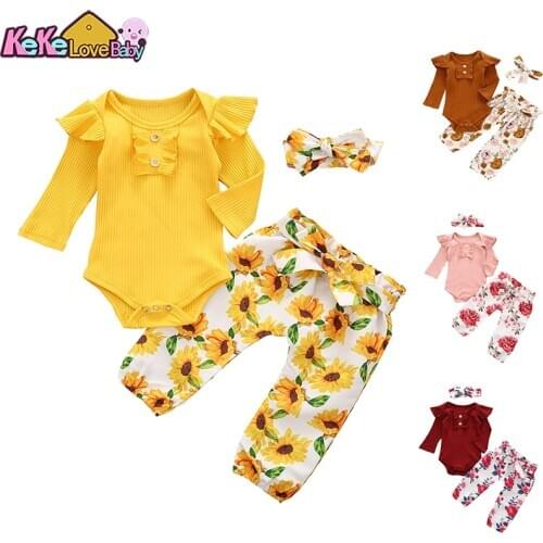 Newborn Infant Baby Girl Clothes Sets Knitting Long Sleeve Ruffles Romper Floral Pants Sunflower Fashion Clothing Outfits Set