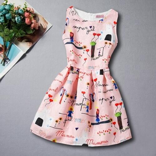 Colorful Girl Dress 2019 Summer Princess Dress Girl Designer Character Painting Kids Dresses for Girls Clothes Pink