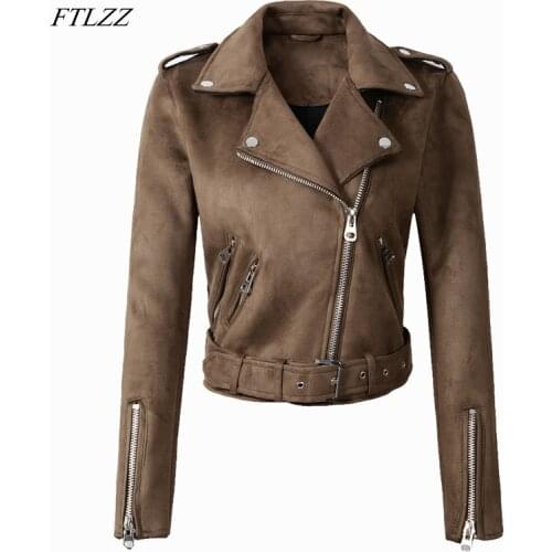 FTLZZ Women Faux Suede Jacket Coats Motorcycle Zipper Turndown Collar Faux Soft Leather Overcoat Female Black Punk Short Jacket