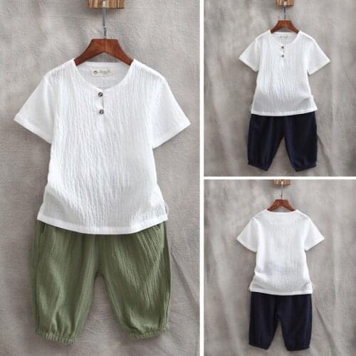 Boys summer clothes 2021 new cotton and linen suits, small and medium childrens clothes, summer childrens summer short-sleeved