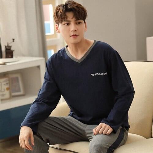 Mens Fall Thin Solid Color Pajamas Set Simple Style Generous Long-sleeve Sleepwear Full Cotton Large Size Home-wear Casual Wear