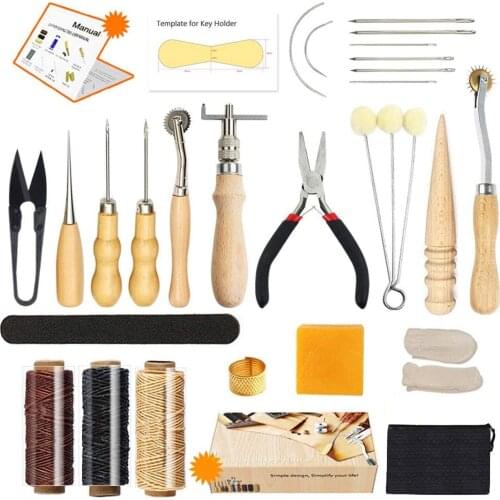 25Pcs Leather Sewing Tools Set DIY Hand Stitching Carving Kit with Groover Awl Waxed Thimble Thread Basic Tools for Beginners