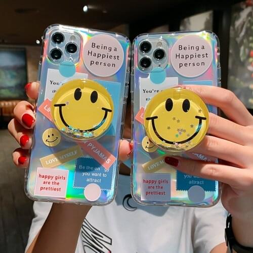 New Quicksand Soft Unzip Funny Letter Smiley Stand Holder Laser Phone Case for Iphone11 12 Mini Pro Max XR XS MAX 7 8 Plus Cover