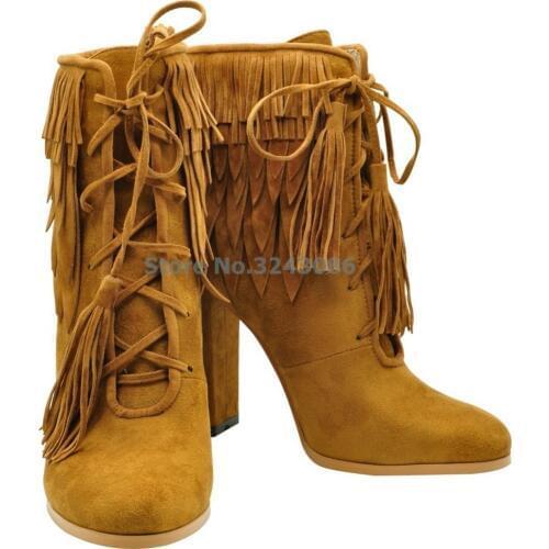 New Fringe Suede Ankle Boots Cross Tied Lace Up Chunky Hoof Heel Boots Brown Tassel Nubuck Boots Fashion Casual Women Shoes