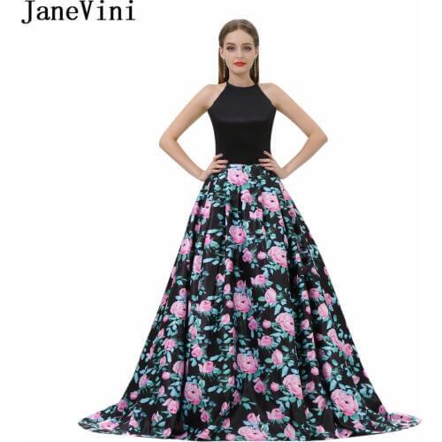 JaneVini Charming Floral Print Bridesmaid Dresses with Pockets Satin A Line Halter Backless Sweep Train Pageant Prom Party Gowns