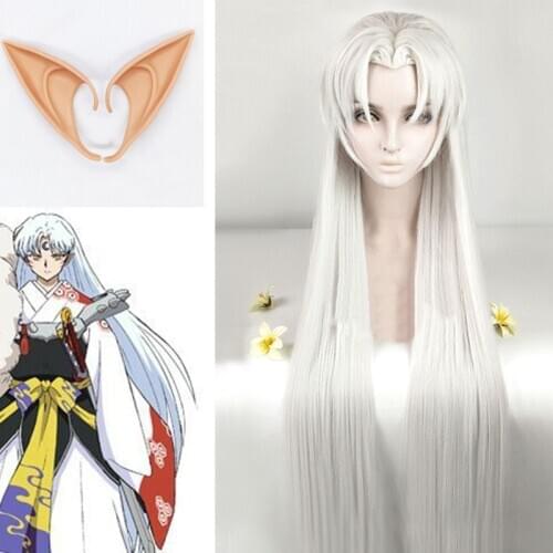 Inuyasha Sesshomaru Wig With Ears Heat Resistant Cosplay Silvery Synthetic Hair Peruca + Wig Cap 39inch 100cm Length
