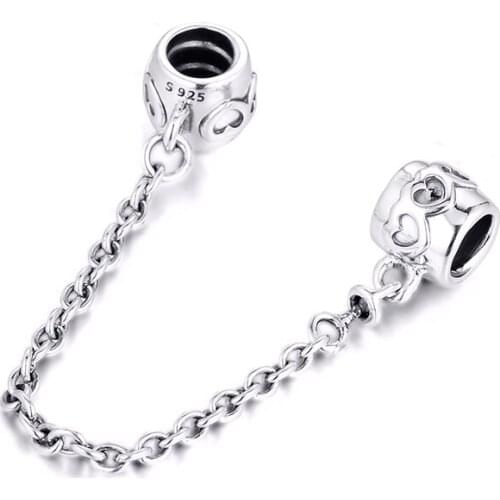 Fits for Pandora Charms Bracelets Limited Edition Hearts Safety Chain Beads 100% 925 Sterling Silver Jewelry Free Shipping