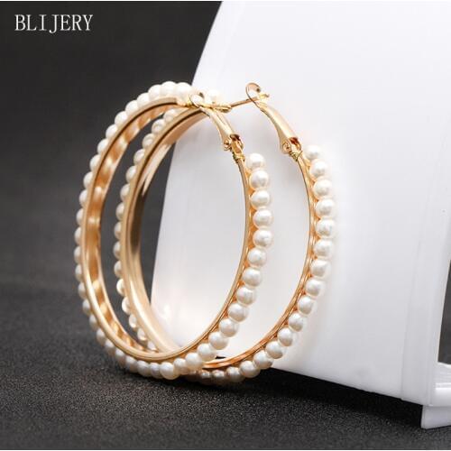 BLIJERY Elegant Pearl Beads Hoop Earrings for Women Statement Jewelry Gold Color Big Circle Earrings Brincos Femme