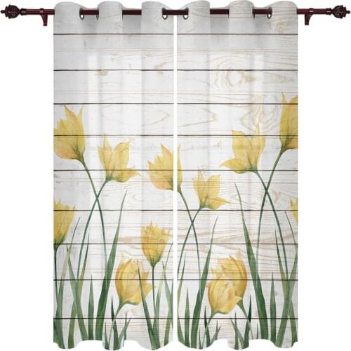 Modern Curtains Yellow Tulip Wood Grain Baby Room Bedroom Creative Window Curtains Kitchen Living Room Terrace Valance Curtains
