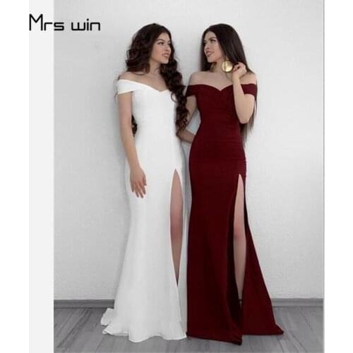 Mrs win Bridesmaid Dresses Mermaid Boat Neck Side Split Wedding Guest Dress HR257 Off Shoulder Lace Up Back Wedding Party Dress