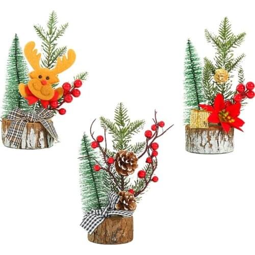 T84E Artificial Mini Christmas Tree Desktop Ornaments Cute Fake Floral Reindeer Pine Cone Tree New Year Xmas Party Home Office
