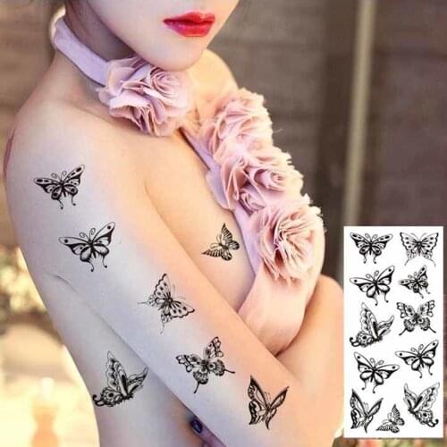 Black Small Butterfly Tattoo Stickers Men Women Waterproof Fake Temporary Tattoo Body Art Flower Arm Chest Leg Tattoo Stickers