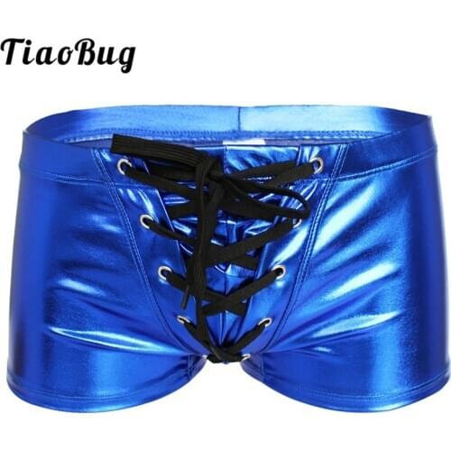 TiaoBug Men Shiny Patent Leather Drawstring Boxer Briefs Male Hot Sexy Trunks Swimwear Underwear Beach Swimming Shorts Swimsuit