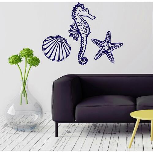 Marine Animal Wall Decal For Bathroom Seahorse Starfish Seashell Vinyl Wall Stickers For Children Playing Room Removable W643