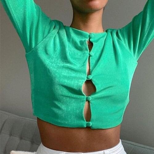 Buttons Down T Shirt Women Long Sleeve Summer Cropped Tops 2021 New T-shirts