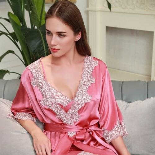 100% Mulberry Silk Autumn New Womens Pajamas Floral Kimono Robe Night Dress Bathrobe Cardigan Suspenders Home Clothes Sleepwear