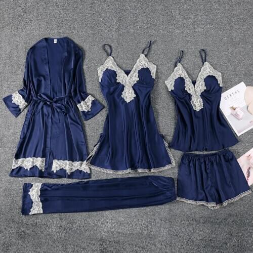 FZSLCYIYI Womens 5PC Strap Top Pants Suit Pajamas Sleepwear Sets Spring Autumn Homewear Nightwear Kimono Robe Bath Gown M-XL