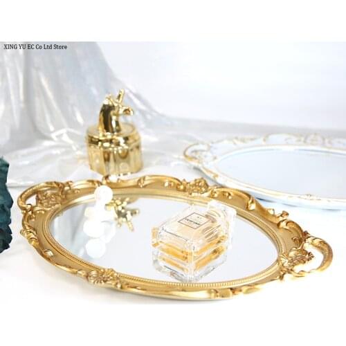 Golden Mirror Glass Plate Retro Luxury Tray Desktop Creative Storage Tray Resin Frame Nordic Home Decoration Accessories
