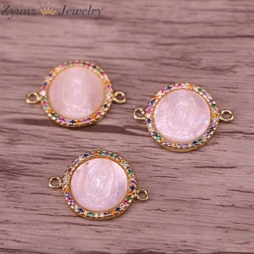 10PCS, Mother of Pearl Cubic Zirconia Jesus Connector Beads Fashion Rainbow CZ Micro Pave Accessories For Jewelry Making