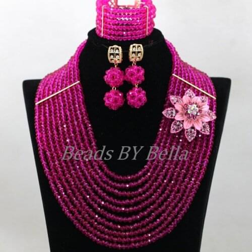 10 Layers Fushia Crystal Beads African Women Wedding Party Jewelry Set Gift Necklace Earrings Bracelet Set Free Shipping ABK753
