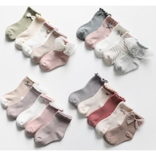 5 Pairs Lot Kids Short Cotton Socks Spring Autumn Children Girls Cute Colorful Princess Bow Lace Ruffle Socks Baby Accessories