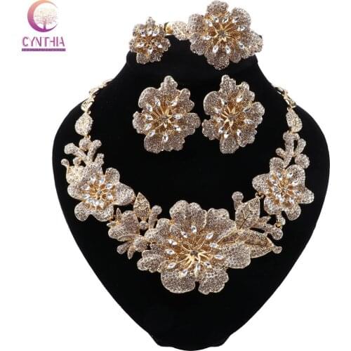 CYNTHIA Bridal Dubai Gold Color Flower Jewelry Sets Women Fashion Necklace Earrings Ring Bracelet African Wedding Jewelry Set