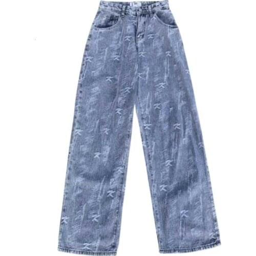 New Trend Retro Washed Jeans Womens Trousers Letter Jacquard Ins Harajuku Casual Loose Fall Wide-Leg Straight-Leg Pants