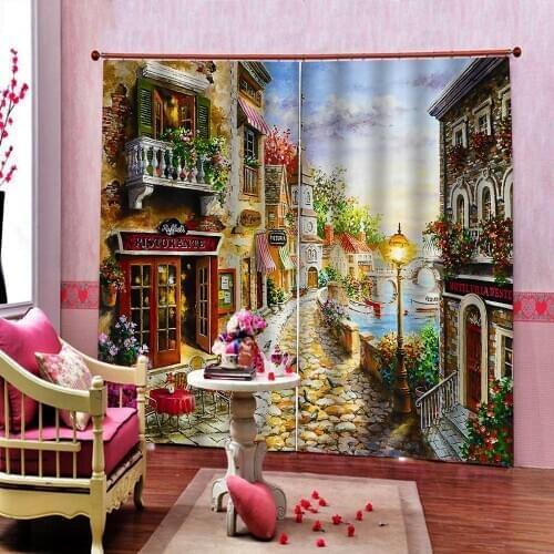 European Street Landscape Oil Painting Photo Curtain For Living room Bedroom Blackout Window Drapes Sets 2 Panels With Hooks