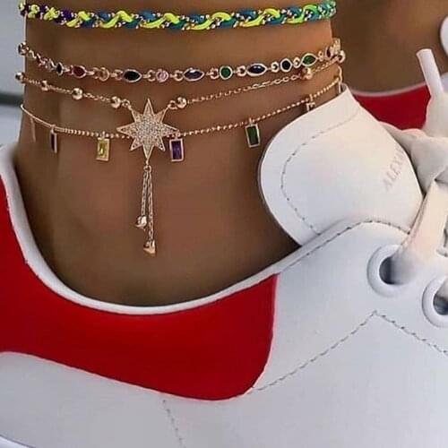 HI MAN 3Pcs/Set Hip-Hop Rock Mixed Small Round Beads Crystal Square Star Anklet Women Exquisite Temperament Daily Jewelry