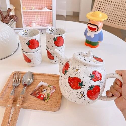 Cutelife Cute Fruit Ink Ceramic Afternoon Tea Set Nordic Heat Resistant Porcelain Cup Teaware Small Teapot Coffee Mug Set Of 5