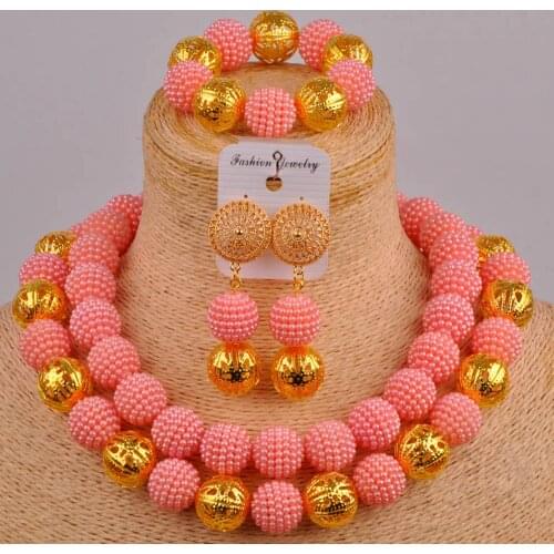 Peach African Beads Jewelry Set for Nigerian Wedding Simulated Pearl Necklace and Earrings FZZ45
