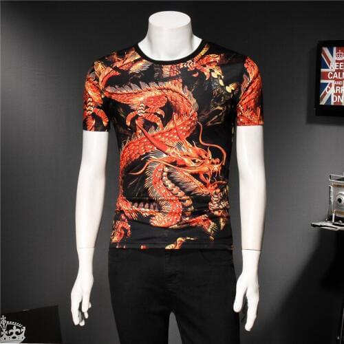 Creative red Chinese dragon pattern 3D printing short sleeve t shirt Summer 2018 New quality silk cotton fancy t shirt men M-3XL