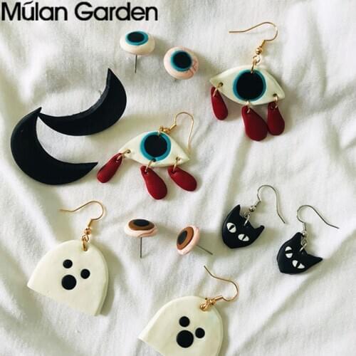 Creative Cute Polymeric Clay Halloween Earrings for Women Handmade Eyes Cat Ghost Moon Stud Earrings Fashion Jewelry Girl Gift