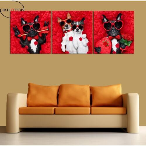 Cool Dog Wearing Sunglasses Wedding Room Decoration Red Rose Unframed Painting 3 Pieces/Set Canvas Wall Art