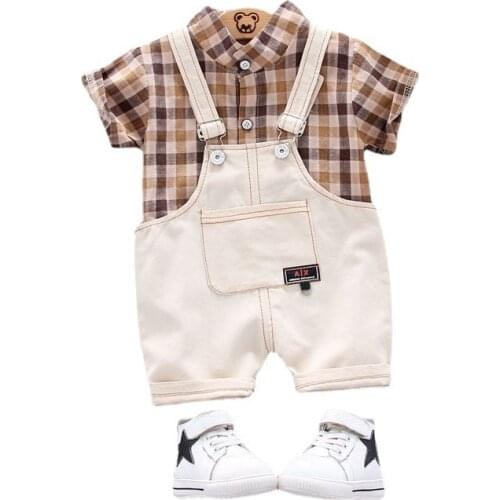 Baby Boy Summer Clothes Children Fashion Plaid T Shirt Bib Pants 2pce/sets Kids Casual Garment Toddler Clothing Child Tracksuit