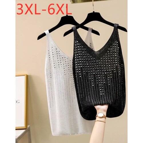 New 2021 Ladies Summer Plus Size Tank Tops For Women Large Slim Elastic Black Hollow Out V-neck Sequins Camis 3XL 4XL 5XL 6XL