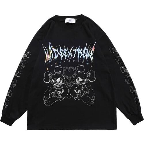 Spoof Laser Reflective Cartoon Print T-shirt Men 2021 Spring Harajuku Long Sleeve Men Tshirt Streetwear Black Oversize Tops Tees