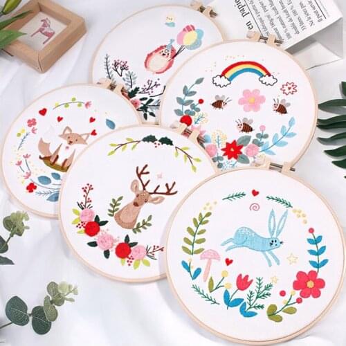 DIY Embroidery Cute Animals Pattern Needlework for Beginner Cross Stitch Kit Ribbon Painting Embroidery Hoop Home Decoration