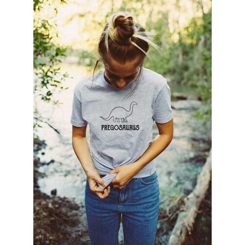 Pregosaurus Graphic Womens Summer Funny Casual Cotton T-Shirt Pregnancy Shirt Expecting Baby Reveal Fun Dinosaur Gift R492